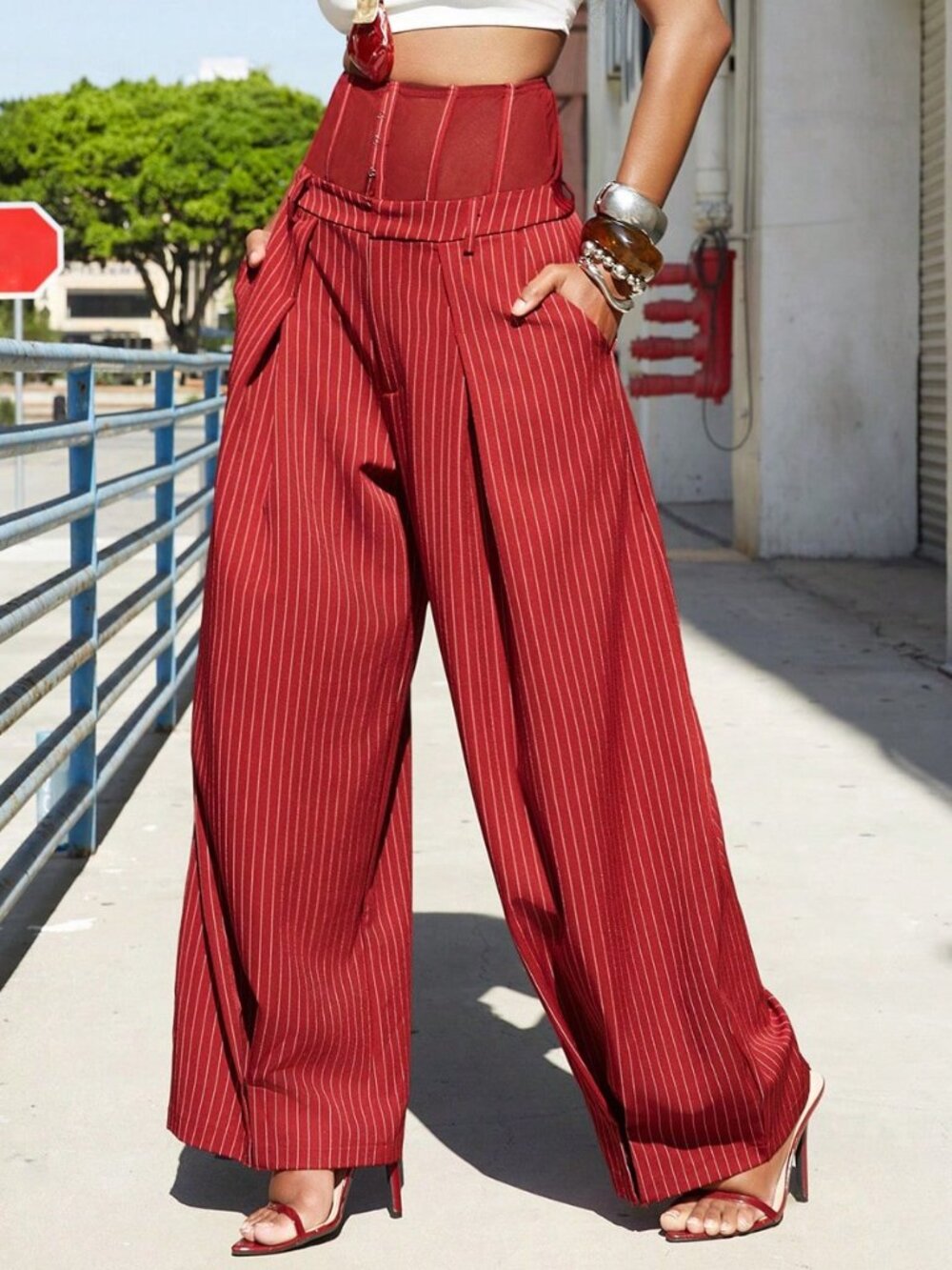 Red and White Casual Women's Corset Style Trousers with Pockets - Picture 7 of 7